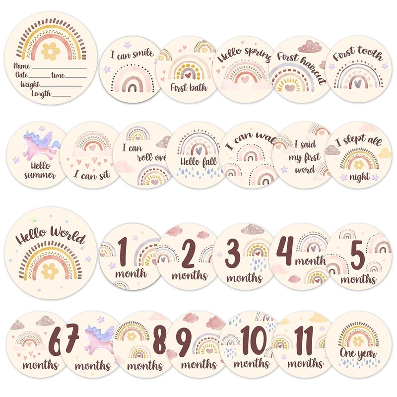 MCIAONE Baby Monthly Milestone Cards Sign - Double Sided Wooden Milestone Cards with Rainbow Design, Wooden Circles Discs for Photo Props Birth Announcement Board, Baby Shower/Gift Newborn Sign Set(13pcs) - Image 1
